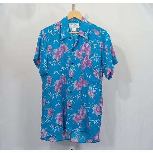 Vintage 90s Blouse Turquoise Blue Hawaiian Floral Top Shirt Misses Size S - Picture 1 of 5